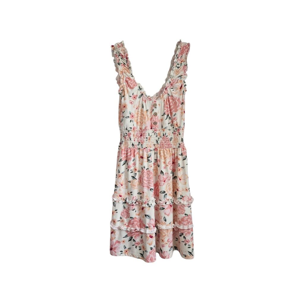 No Boundaries Mini Dress Size XS Cream Pink Floral Stretch Ruffles Smocked Waist - Picture 2 of 10